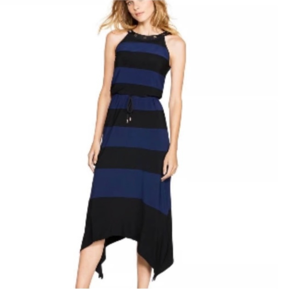 White House Black Market Asymmetrical Blue and Black Sundress